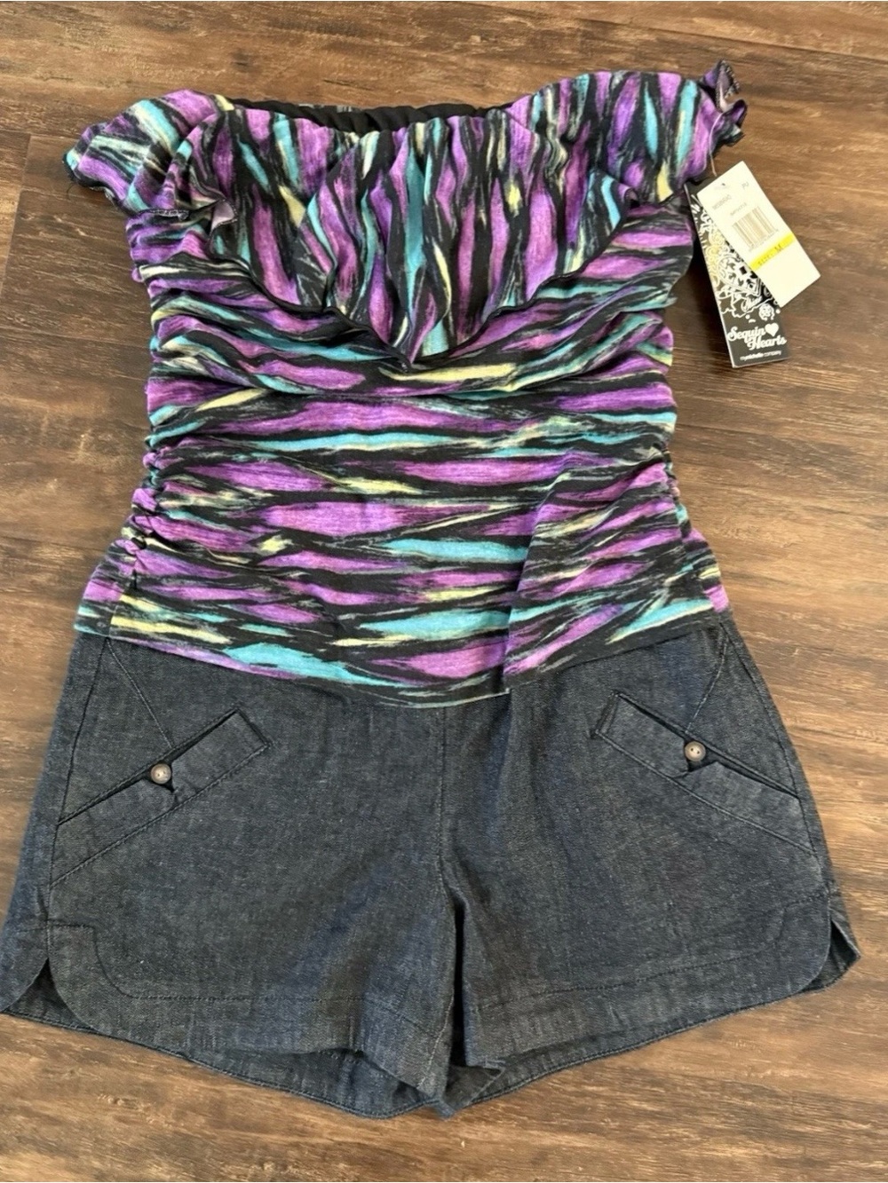 Women’s Strapless Ruffle Romper - Purple Multi with Denim Shorts